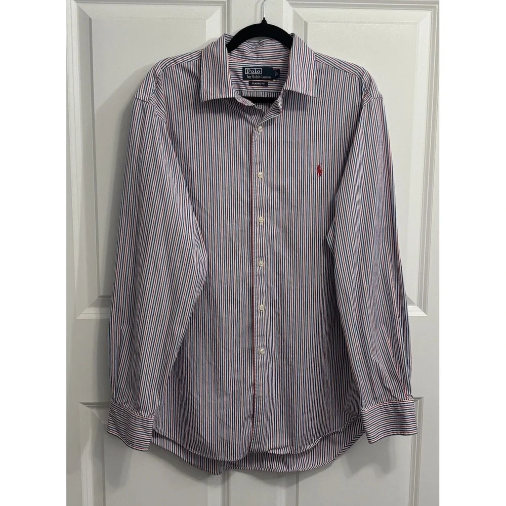 Polo Ralph Lauren Classic Fit Stripe Button Down Shirt Men's XL Red Blue Cotton